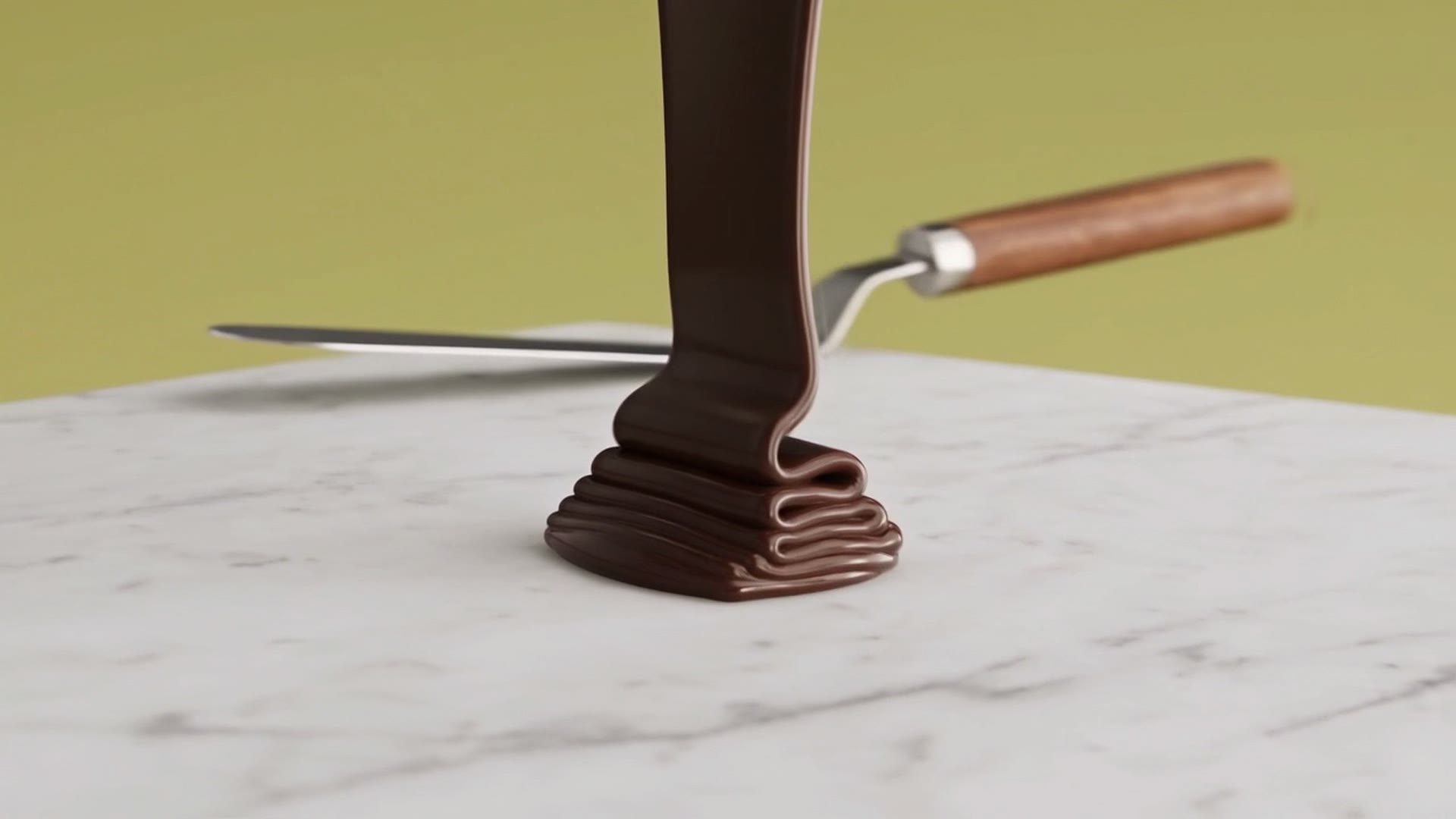 Il cioccolato fuso che cade sul marmo accanto alla spatola